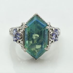 Host Pick Designer Signed Genuine Peacock Quartz And Tanzanite Hexagon Ring